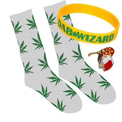 White Leaf Plant Pattern Life Cotton High Socks, Yellow Wristband and Red Pin