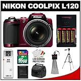 Nikon Coolpix L120 14.1 MP Digital Camera (Red) with 16GB Card + Batteries/ ....