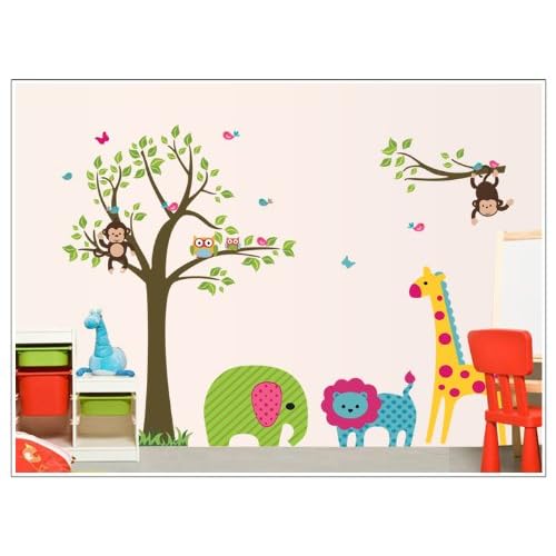 UfingoDecor Large Colorful Tree and Cartoon Animal Wall Decals Lovely Elephant Lion Giraffe Monkeys Childrens Room Nursery Removable Wall Stickers Murals