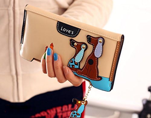 Big Capacity Multi Purpose Horizontal Cute Stitched Doggy Puppy Ladies' Zipper Magnetic Button Clutch Bag Wallet Purse Billfold Cell Phone Pouch Case with Approx. 18 Card Slots & 2 Photo Window & 1 Zipper Coin Pocket & 3 Paper Money Pockets (Beige)