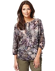 Indigo Collection Cotton Rich Heron & Floral Top with Silk