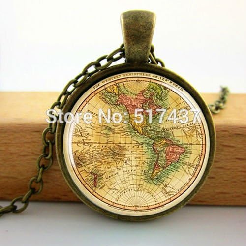 Pretty Lee Glass Photo Cabochon Necklace World Map Necklace Vintage World Map Pendant Necklace Glass Dome Pendant