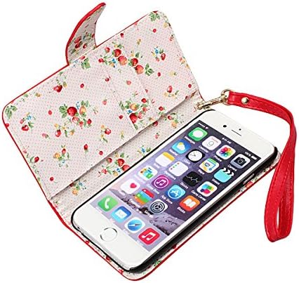 xhorizon TM FLK Premium PU [Red] Leather Wallet Stand Landyard Strap Case Cover/Pouch/Holster with Card Slots, Cash Compartment and Floral Interior for iPhone 6 [4.7inch] with a Cleaning Cloth