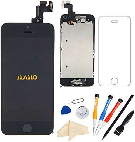 HAHO LCD Touch Screen Digitizer Assembly with Spare parts (Home Button, Flex Cable, Front Camera) Compatible for iPhone 5S Black + Professional Tools + Tempered Glass Protector