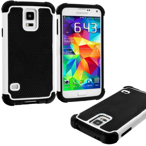 myLife (TM) Bright White and Black - Free Flex Series (2 Layer Neo Hybrid) Slim Armor Case for the NEW Galaxy S5 (5G) Smartphone by Samsung (External Rubberized Hard Shell Flex Piece + Internal Soft Silicone Flexible Bumper Gel)