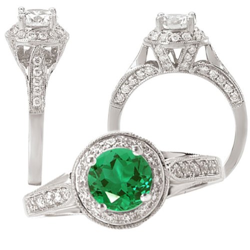 18k lab-created 6.5mm round emerald engagement ring with natural diamond halo
