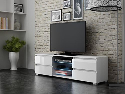 TV Stand FOURDRAW with LED light Glass Shelves and 4 Drawers for up to 65" Flat TV Screens - Mesa para TV hasta 65 pulgadas con LEDs - Media storage TV cabinet for 65-inch screens (White with White)
