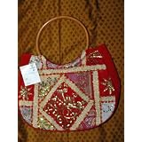 Handbag for Women Dark Red Embroidered Sari Patchwork Purse