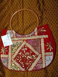 Handbag for Women Dark Red Embroidered Sari Patchwork Purse