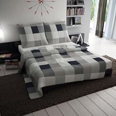 3 Teilige Et�rea Baumwolle Bettw�sche Bettbezug Schwarz Grau Karo Kariert 200x200 cm, 2 x Kissenbezug 80x80cm