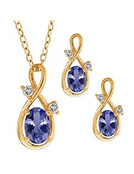 1.73 Ct Oval Blue Tanzanite Gold Plated Silver Pendant Earrings Set