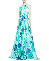 A-line Pleated Organza Floral Print Halter Sleeveless  Dress