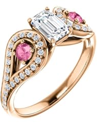 14K Rose Gold Emerald Cut Diamond and Pink Sapphire Ring -- LIFETIME WARRANTY