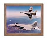 Pair F/A 18E Super Hornet Military Fighter Jet Aircraft Airplane Aviation Wall Picture Oak Framed Art Print