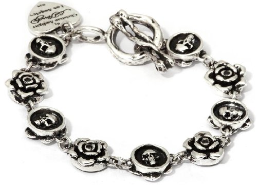 Ed Hardy By Christian Audigier: Skull and Rose Double Sided Link Bracelet in Stainless Steel