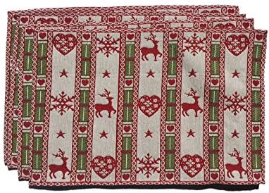 Set of 4 Christmas Cheer Reindeer Red Hearts Snowflakes Tapestry Place Mats Gold Accents Winter 13 X 19 Inch Placemats