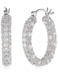 Platinum Plated Sterling Silver Round Prong-Set Cubic Zirconia Hoop Earrings (0.9" Diameter)