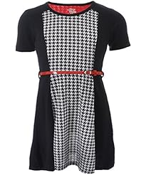 Girls Houndstooth Print Belted Polyester/Rayon/Spandex  Dress