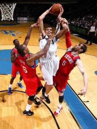 Philadelphia 76ers v Washington Wizards: JaVale McGee, Marreese Speights and Andres Nocioni Photographic Poster Print by Ned Dishman, 42x56