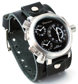 Nemesis #LBB080K Men's Signature Collection 3 Time Zone Oversized Wide Leather Cuff Band Watch