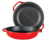 2-in-1 Red Porcelain Enameled Cast Iron Casserole Grill Pan Lid