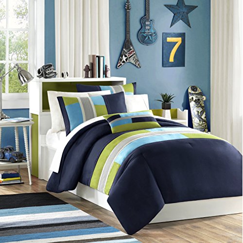 Navy, Teal, Light Green Boys Queen Reversible Comforter and Shams Set Plus BONUS PILLOW (4 PC Set)