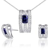 Breathtaking & Vibrant Radiant Cut Created Blue Sapphire Pendant Earrings Set in Sterling Silver Rhodium Finish