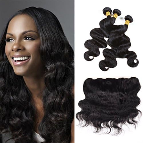 CCOLLEGE Hair Grade 8A Brazilian Human Virgin Hair Body Wave 3 Bundles with Free Part Lace Frontal 100% Remy Human Hair Brazilian Virgin Hair Extensions (16 18 20 with 14)