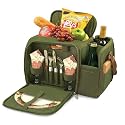 Picnic Time Malibu Insulated Shoulder Pack with Deluxe Picnic Service for 2, Pine Green