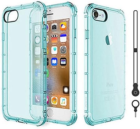 Alope [360 Full Protection] Clear TPU Soft Material Durable Fall Impact Resistant Shockproof / 4 Corners Lip / Lanyard Necklace Cover Case with 4 Corners Lip for Apple iPhone 7 Plus (Turquoise)