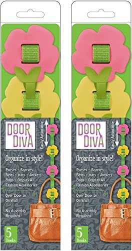 Closet Mates Door Diva Hanging Accessory Organizers with Flower Shaped Hooks, Green/Pink/Yellow, 2-Pack