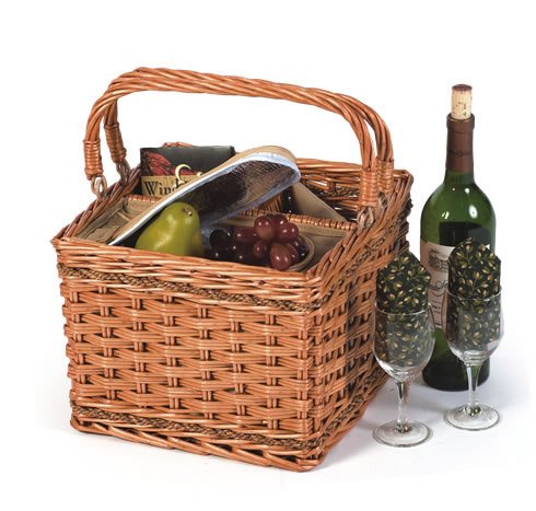 Insulated Hand Woven Willow Wine Picnic Basket/Cooler with Foldable Handles