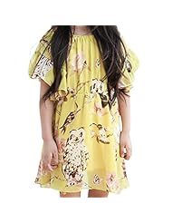 Girls Off the Shoulder Short Sleeves Floral Print Chiffon Mini Dress 