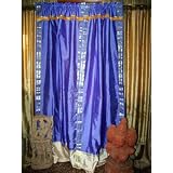 2 BLUE GOLDS BEAD SILK SARI PANEL DRAPES CURTAINS 96