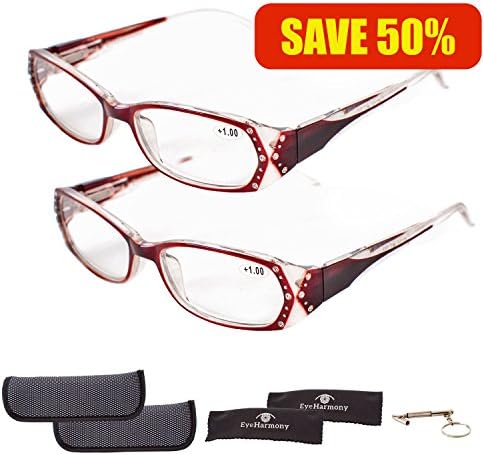 Reading Glasses for Women Absolutely the BEST VALUE! 6 Crystal Clear Magnifying Powers in 3 Awesome Colors with Durable Comfort Spring Arms - SATISFACTION GUARANTEED! Bundle 7 Items 2 Stylish Readers 2 Protective Cases 2 Cleaning Cloths 1 Screwdriver