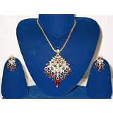 Kundan Faux Ruby Red and Emerald Green Beads Necklace Set for Womens