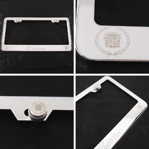 Polish Chrome Laser Engraved Cadillac Stainless Steel USA License Plate Frame With Engraved Steel Logo Screw Cap Combo 12.25" x 6.5"