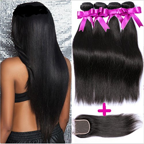 Vedar Beauty 4 Bundle Hair Extension + 1 Closure Straight Hair Extention 100% Weave Human Virgin Malaysian Hair 4Pcs 10