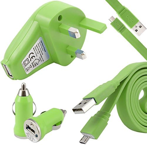 iTALKonline ZTE Nova Messenger Green Charger Pack 3 Pin UK USB Mains Charger Power Wall Plug Adapter Head 1000 mAh with LED Indicator (CE & ROHS Certified) MicroUSB 1.1 meter Flat Charge & Sync Cable In Car 1000 mAh Adapter