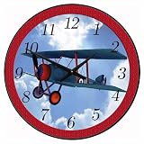 18" Large Wood Blue & Red Airplane Wall Clock