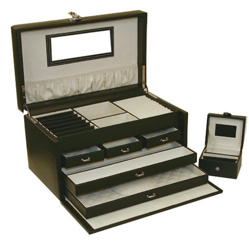 Jewelry Box Travel Genuine Leather Black Large With Travel Case