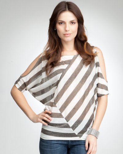 51jJ%2BXIXL0L Bebe Cold Shoulder Metallic Stripe Tee black egret Size XX Small