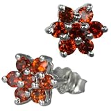 Star Flower Garnet Cubic Zirconia Platinum Overlay Sterling Silver Studs