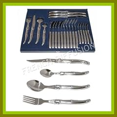 LAGUIOLE - COMPLETE 24 pcs flatware set - in FULL 18/10 STAINLESS STEEL - blade: 2.5 mm thick + serrated (perfect to use as steak knife!) + sharpened by hand (authentic French table cutlery setting for 6 people: 6x knives + 6x large forks + 6x soup spoons + 6x dessert/coffee spoons - gift wrap available - direct from FRANCE) 