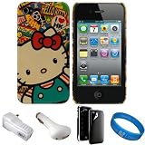 Hello Kitty Travel Sticker Snap On Hard Shell Protector Back Cover Case for Apple iPhone 4S Latest Generation (16GB, 32GB) iPhone 4th Generation Compatible with AT&T Verizon Sprint iPhone 4S + Privacy Screen Protector + White USB Car Charger + White USB Wall Charger + SumacLife TM Wisdom*Courage Wristband