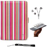 Pink Premium Nylon Flip Portfolio Protection Cover Case with Crayon Stripes Design for Amazon Kindle 3 ( WiFi – 3rd Generation ) * Includes Anti Glare Screen Protector Guard * Includes High Quality HD Noise Filter Earphones