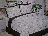 3pcs 100% Cotton Fully Quilted Emb' Bed Cover Set Queen White / Black