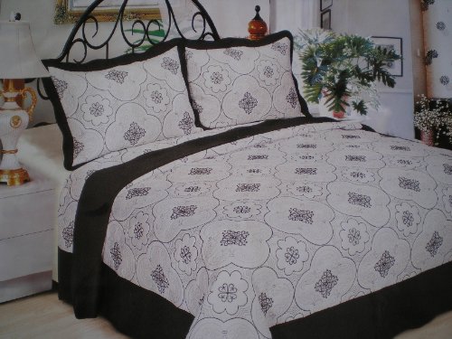 3pcs 100% Cotton Fully Quilted Emb' Bed Cover Set Queen White / Black