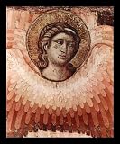 Pietro Cavallini (Fresco cycle with recent court in Santa Cecilia in Rome in Travestere, Scene: The latest court, Detail: Engel) White Wood-Mounted Art Poster Print - 13