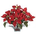 New Nearly Natural Poinsettia w/Square Glass Vase Perfect Brilliant Color Realistic Look Charming